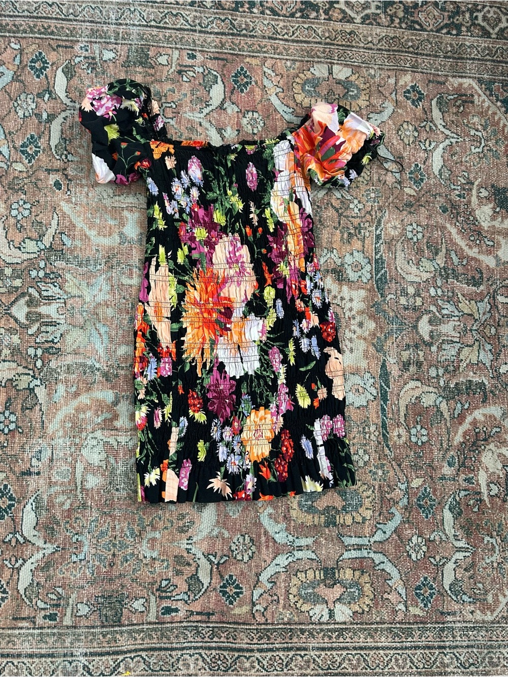 H&M Black Floral Off-Shoulder Smocked Mini Dress with Bright Blooms
